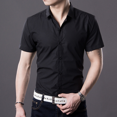 2015新款夏季薄衬衫男 男士韩版修身型纯棉黑色短袖衬衫青年男装