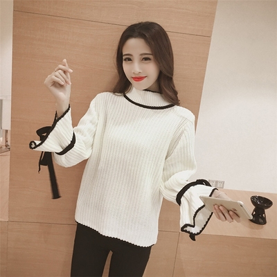 2016秋季新款韩版女装时尚宽松白色袖口系带蝴蝶结长袖套头毛衣女