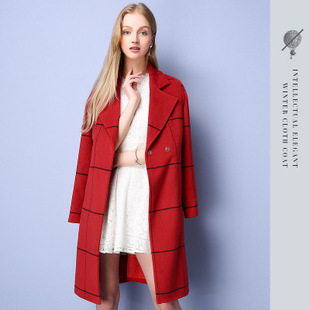 2016新款韩版直通系带呢子大衣气质淑女红色大气毛呢外套女装