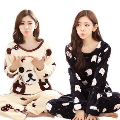 秋冬季睡衣女高级法兰绒韩版可爱卡通长袖家居服套装珊瑚绒