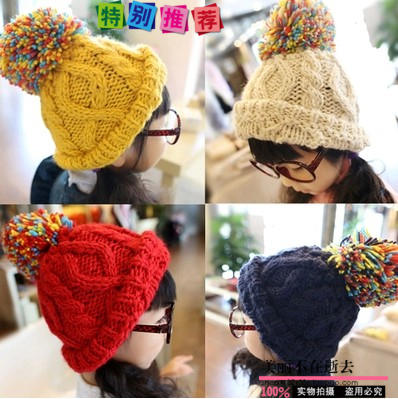 新款小女孩韩版帽子儿童套头帽子女童百搭彩色条纹麻花儿童毛线帽