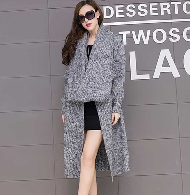 2015秋冬季韩版宽松长款女针织开衫无扣围巾领时尚潮款毛织外套