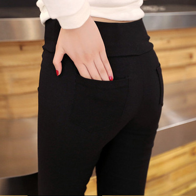 2016春季韩版口袋打底裤女装韩国高腰显瘦新款时尚小脚铅笔裤