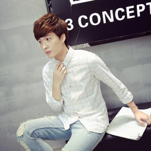 春季男士长袖格子衬衫纯棉修身款韩版商务青少年条纹英伦#220