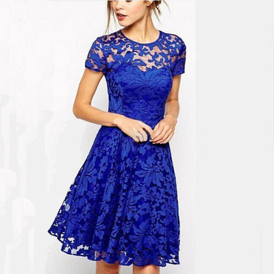 2015欧美热卖新款气质时尚圆领短袖蓝色蕾丝花边连衣裙 现货