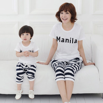 2016韩版新款亲子装套装 简约纯棉一家三口家庭装条纹裤子母子装