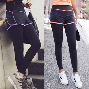 韩国同款春夏季防走光假两件套装瑜伽长裤薄款速干健身跑步紧身裤