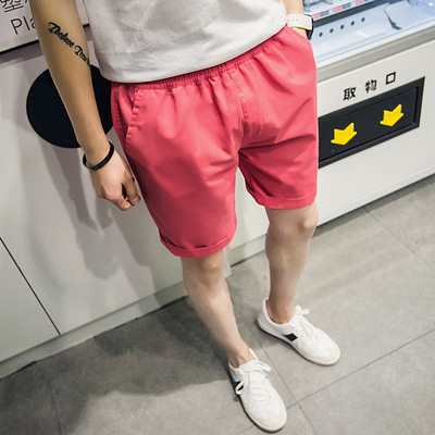 夏季粉色短裤男运动休闲潮男五分裤5宽松纯色跑步运动情侣沙滩裤