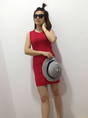 2016夏装韩版新款圆领修身条纹拼接后背镂空冰麻针织连衣裙女
