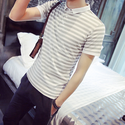 夏季男士韩版上衣服圆领条纹短袖T恤青少年半袖潮男装修身打底衫