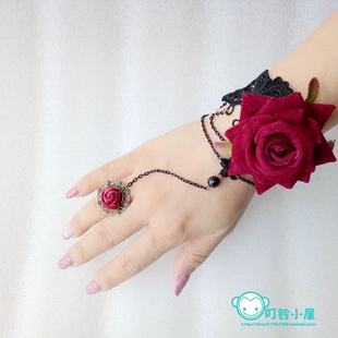 包邮巴洛克复古奢华万圣节红玫瑰流苏手链万用戒指一体腕带饰品