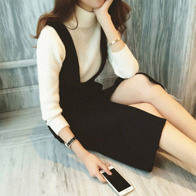 2016秋冬新款 韩版时尚修身前后V领开叉设计呢子背带连衣裙两件套