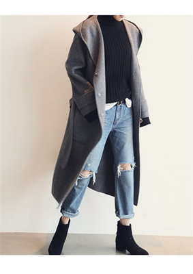 2017年春季韩国n9连帽大口袋灰色/驼色双面羊绒羊毛手工大衣外套