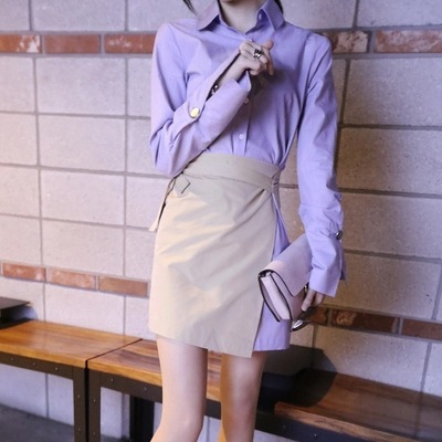 2016韩国早秋新品女装气质配色拼接假两件长袖衬衫连衣裙
