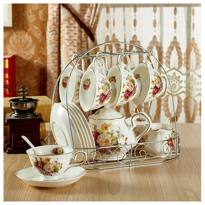 15头欧式高档咖啡杯具 结婚礼物整套骨瓷水杯子送铁架红茶茶具