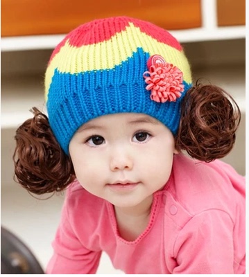 韩版女婴0-1-2-3-4岁幼儿秋冬季假发帽子加厚套头帽女宝宝毛线帽