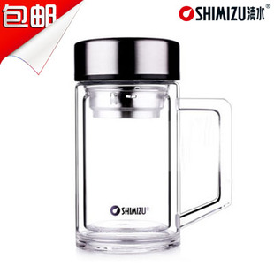 正品 清水玻璃杯 双层水杯子 SHIMIZU 便携过滤茶杯 有把手办公杯