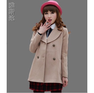 2014新款春装女装 韩版修身双排扣毛呢外套 中长款学院风羊绒大衣