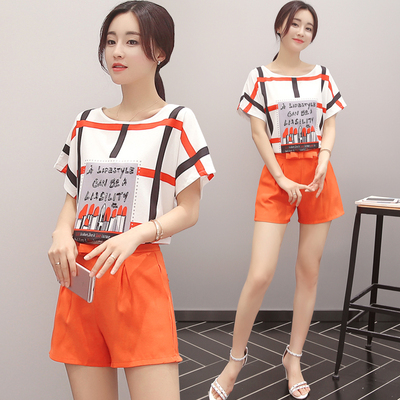 韩秀格2016夏季新款欧美大牌女装格纹短信T恤短裤两件套女潮