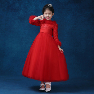 儿童公主裙礼服秋冬季红色长袖女童白雪公主裙蓬蓬裙演出服晚礼服