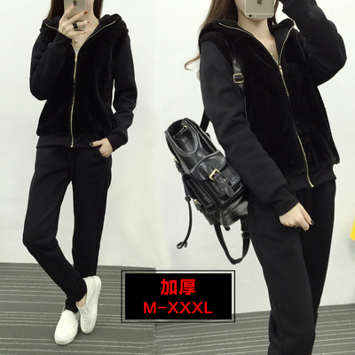 2016韩版新秋冬大码女装加绒加厚卫衣时尚休闲运动套装女两件套潮