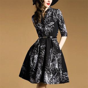 2016秋季新款女装 七分袖中长款 V领A字裙子显瘦 印花时尚连衣裙