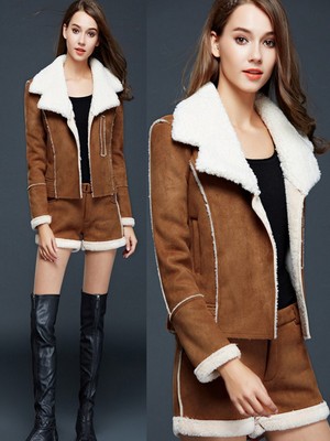 韩版2016秋冬新款修身长袖短款加厚麂皮绒棉衣羊羔毛外套+短裤女