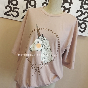 韩国代购东大门女装16秋装新款纯色圆领独角兽印花长款短袖T恤女