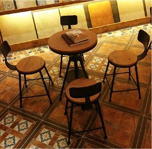 美式咖啡厅桌椅组合奶茶店实木铁艺圆桌酒吧高脚椅子户外庭院包邮