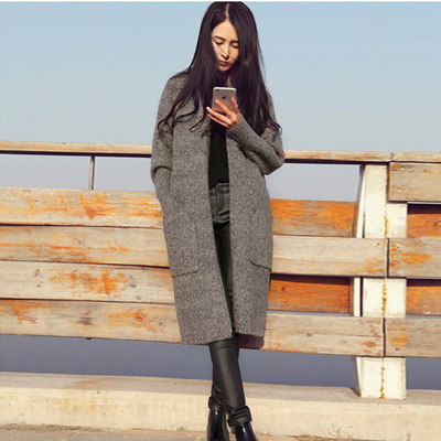 2016秋季新款宽松韩版针织开衫纯色大衣外套毛衣中长款女