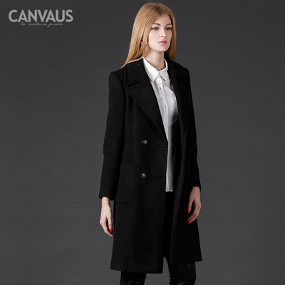 CANVAUS 2014秋冬装新款羊毛呢外套黑色双排扣呢子大衣 CF4871D