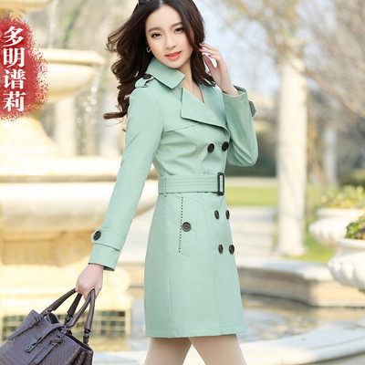 多明谱莉2015春装新款韩版女休闲时尚修身双排扣中长款风衣外套女