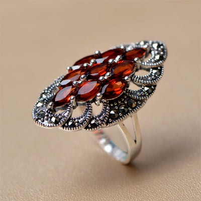 非常泰 925银石榴石戒指 天然复古工艺设计夸张潮流时尚饰品