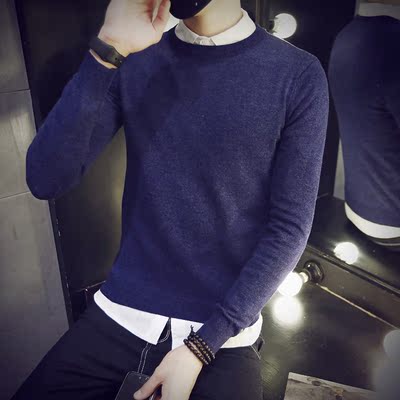 秋季韩版男士圆领套头纯色长袖毛衣修身薄款线衣青少年针织打底衫