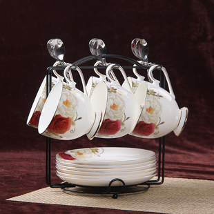 唯美骨瓷玫瑰花咖啡杯4/6件套装带架子勺陶瓷欧式下午茶杯礼品盒
