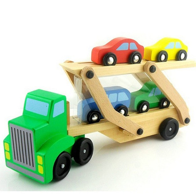 木质双层运载车模型木制压路机挖掘机送小男孩儿童木头车玩具车模