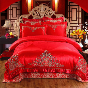 至尊全棉提花绣花大红四件套婚庆床上用品床罩六七八九十件套