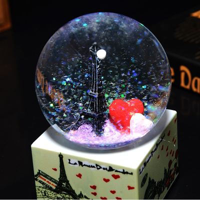 方形水晶球音乐盒 雪花小熊萌兔玻璃球可旋转八音盒 送情侣礼物