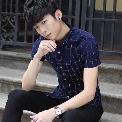 韩版夏季新品青年时尚修身衬衫 男式短袖方领格子印花潮流衬衣薄