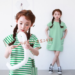 2016夏新款韩版童装女童绿色宽松连衣裙中大儿童短袖纯棉条纹裙子