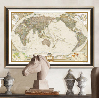 中国世界地图复古美式沙发背景墙书房办公室挂画壁画客厅装饰画