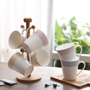 简约创意骨瓷马克杯陶瓷浮雕情侣水杯子办公咖啡杯时尚大容量送勺