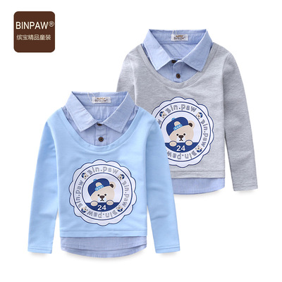 binpaw宝宝体恤 男童长袖T恤衫 童装秋装2016新款 儿童假两件上衣
