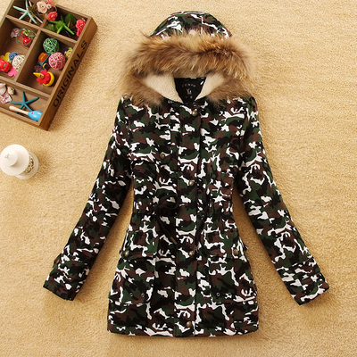 2015冬装新款小熊维尼女装学生迷彩连帽加厚中长款棉衣棉服外套