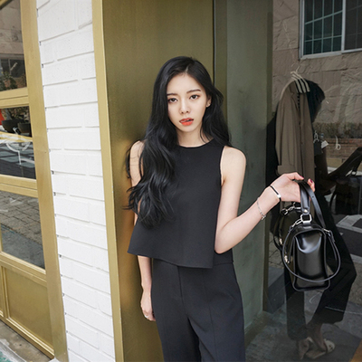 2016夏季新款韩国无袖雪纺上衣开叉九分裤时尚小香风套装两件套女