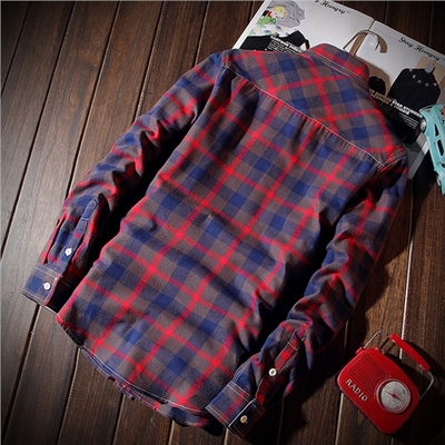 秋季休闲韩版修身加大码纯棉长袖衬衣潮男装红格子衬衫男长袖衬衫