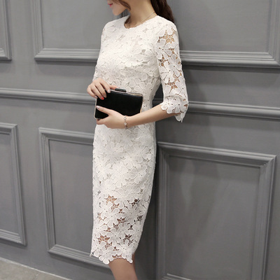 2016春装新款韩版七分袖中长款性感蕾丝连衣裙圆领套头中腰女裙