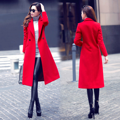 2015冬季超长款毛呢外套 气质修身红色显瘦过膝羊绒呢子大衣 加厚