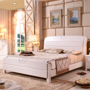全实木床白色 单人1.5m1.8米2.2双人简约现代公主婚床 储物高箱床