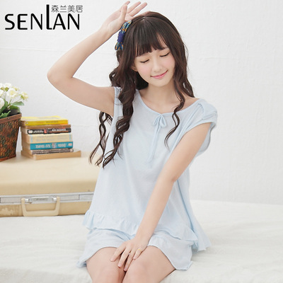 夏季韩版新款少女睡衣女士居家服套装可爱纯色纯棉睡衣家居服批发